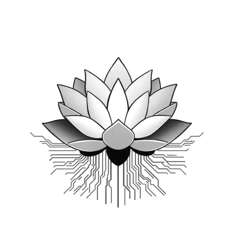 A holographic lotus flower blooming within a digital circuit board