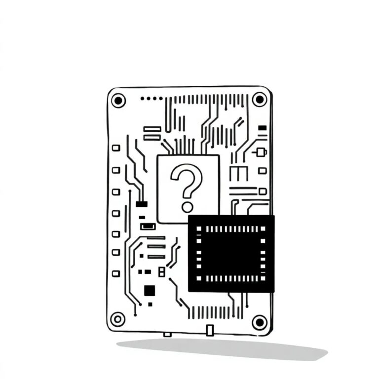 A half-assembled, blinking circuit board with a question mark etched into the silicon