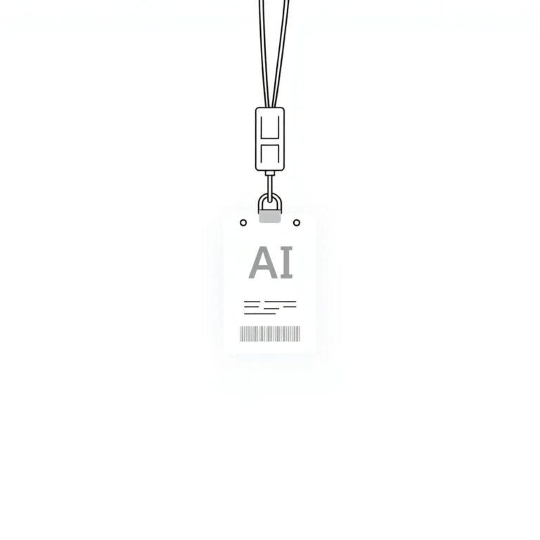 A high-tech lanyard with an integrated AI chip and a personalized employee badge, glowing softly with a digital ID, symbolizing the integration and security of AI tools within a corporate environment.
