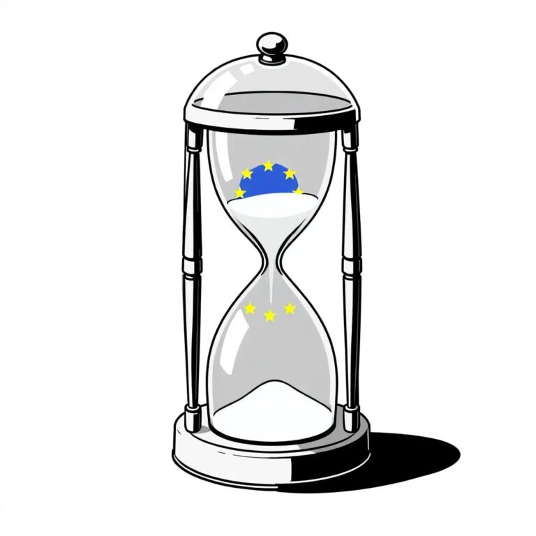 A vintage hourglass with sand that glows in the dark, encased in a transparent EU flag-themed glass dome