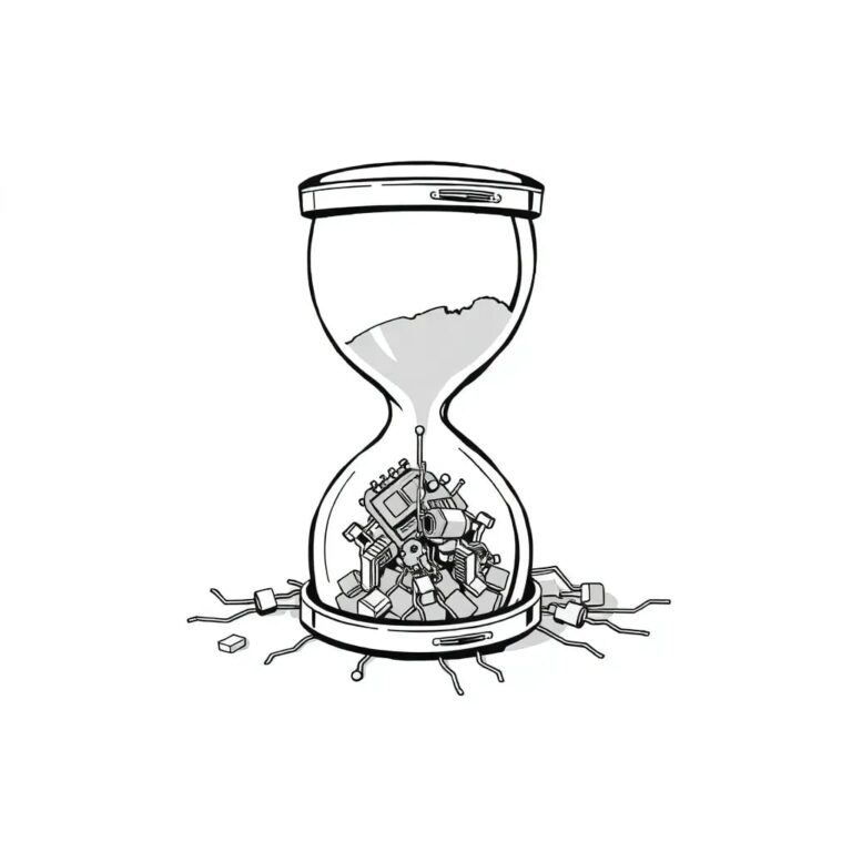 A shattered digital hourglass with AI circuitry spilling out