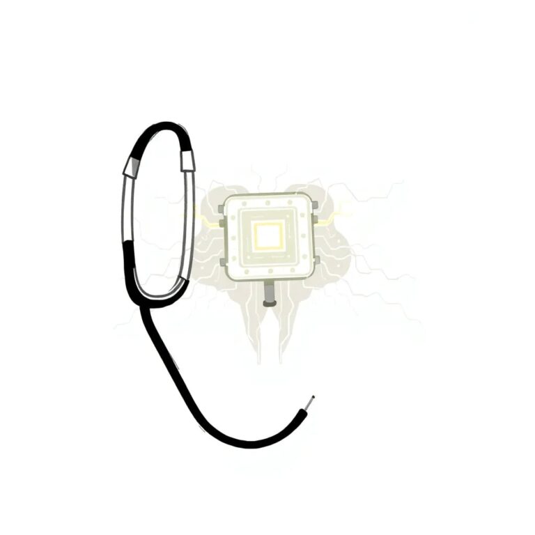 A digital stethoscope with a glowing, pulsating AI chip embedded in its chest piece, connected to a network of intricate, luminescent neural pathways.