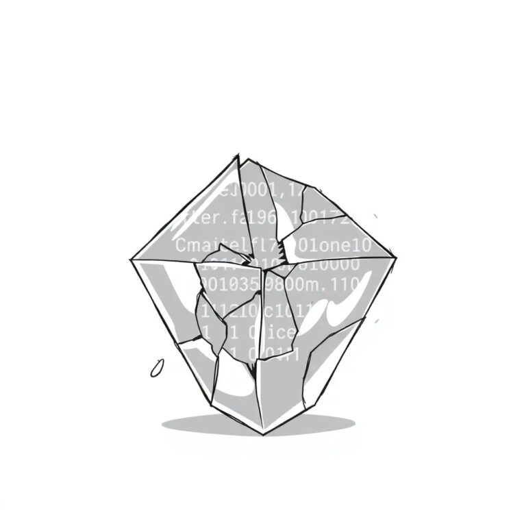 A shattered glass prism reflecting a digital code pattern