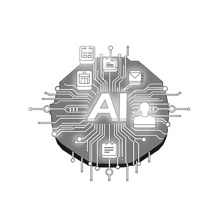 A futuristic, intricately designed AI circuit board with intertwined business and consumer icons glowing softly, symbolizing unity and progress.