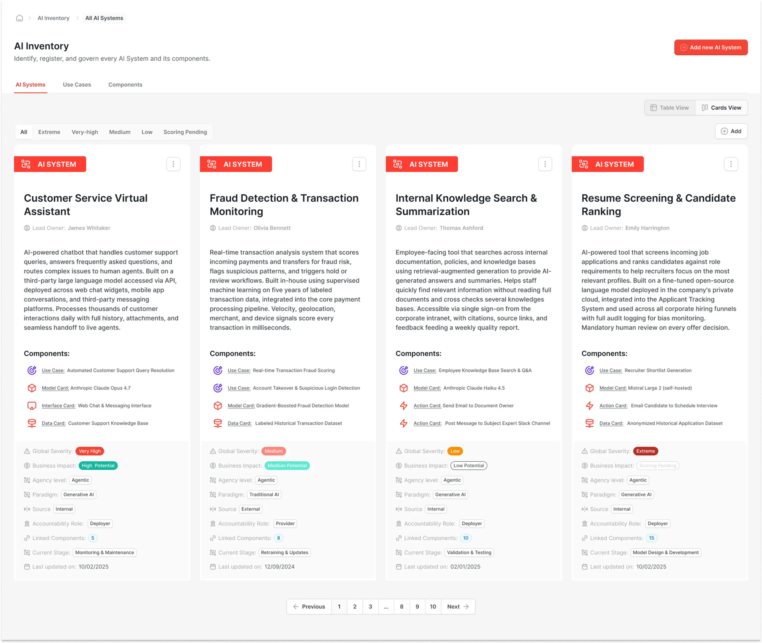 AI Inventory in AI Sigil listing all registered AI systems with risk tier, framework coverage, owner, and status metadata.