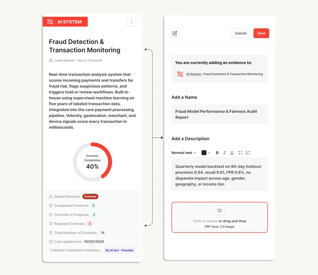 AI compliance audit trail with evidence linked through control to requirement to regulation