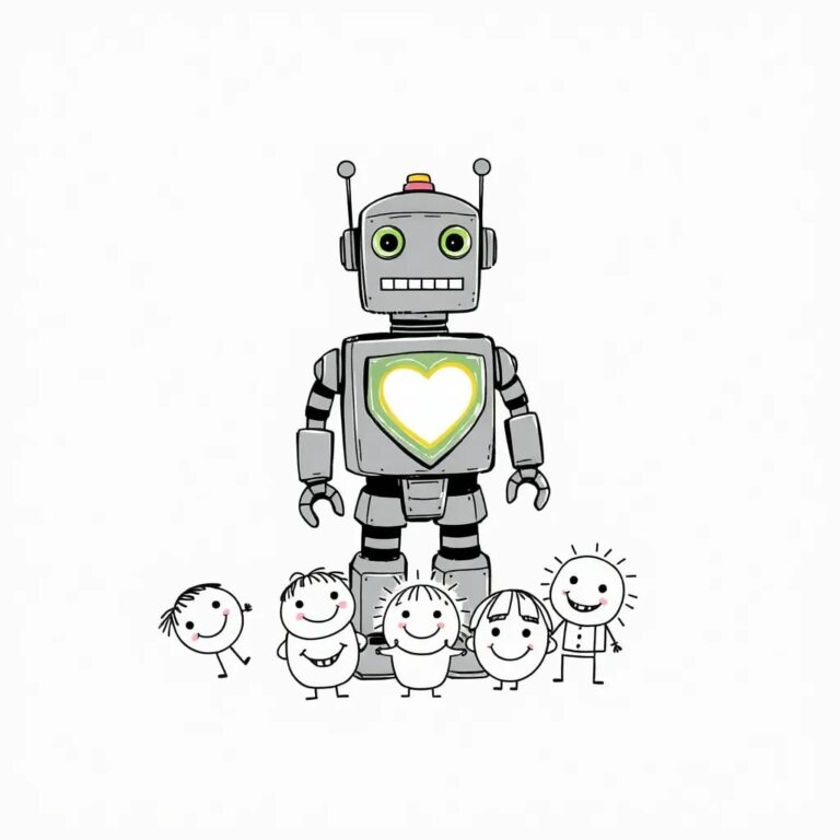 A vintage toy robot with a protective shield and a glowing heart, standing guard over a group of colorful, smiling children's drawings