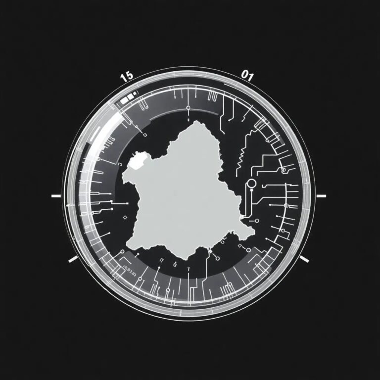 A futuristic, transparent AI-driven lens that magnifies a map of Quebec, with digital circuits and algorithms visibly processing financial data in real-time.