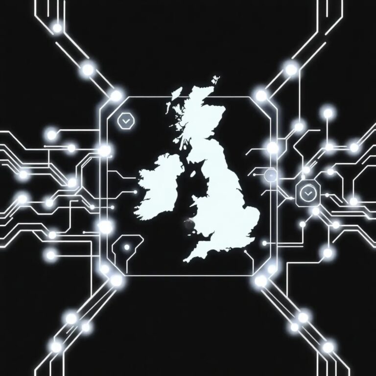 A futuristic, transparent AI control panel with glowing, interconnected circuits, displaying a map of the UK with dynamic, color-coded regulatory guidelines flowing through it.