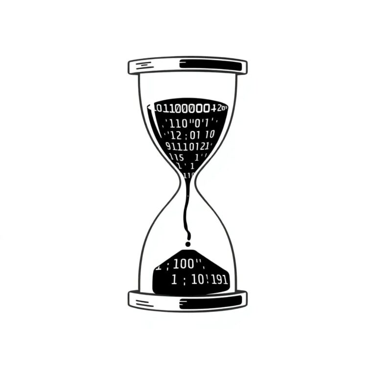 A digital hourglass with flowing binary code instead of sand