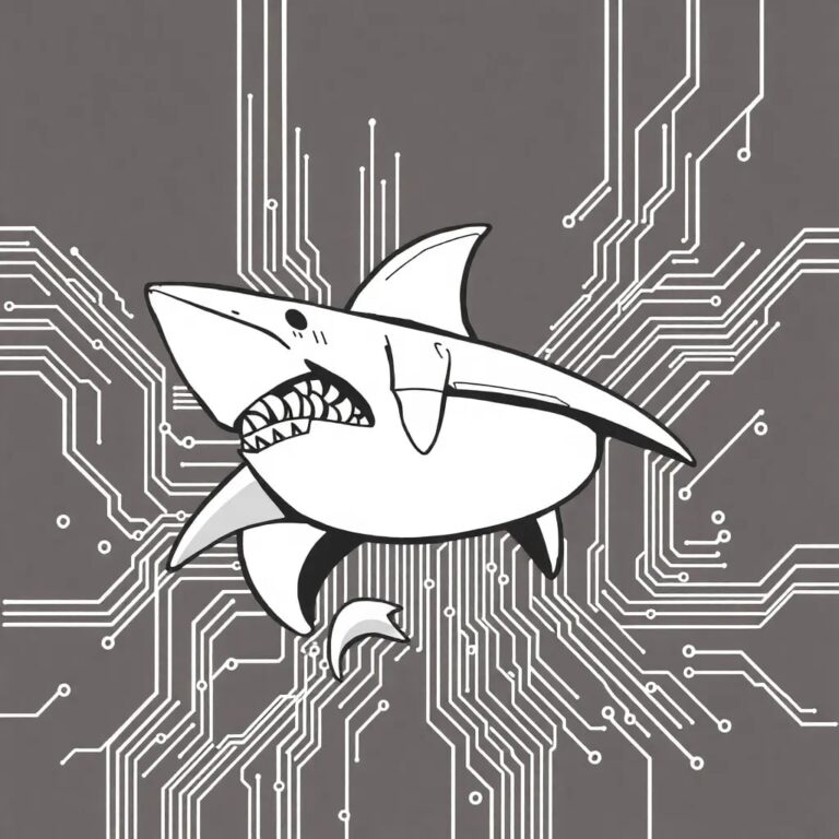 A mechanical shark fin, slowly rising and falling, embedded in a digital circuit board