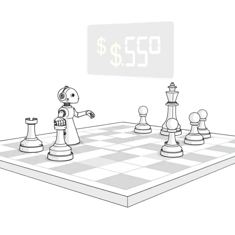 A futuristic, transparent chessboard with AI-controlled pieces and a digital display showing fluctuating dollar amounts