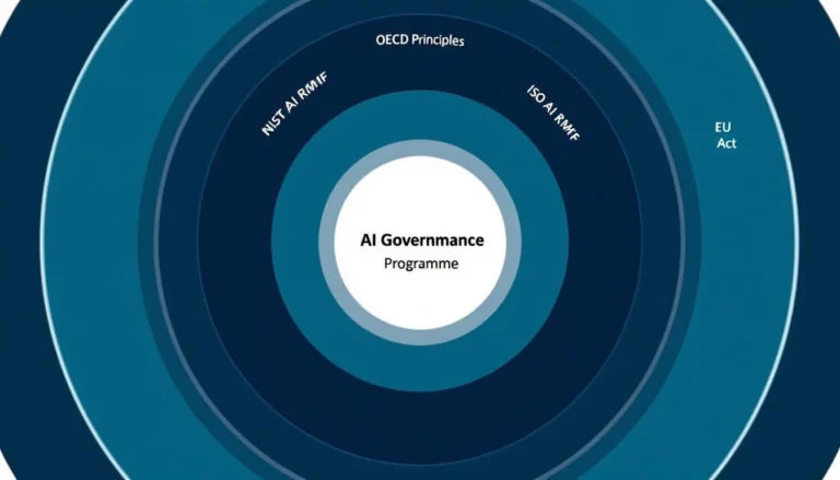 AI governance framework concentric rings diagram: OECD principles, NIST AI RMF, ISO 42001, EU AI Act