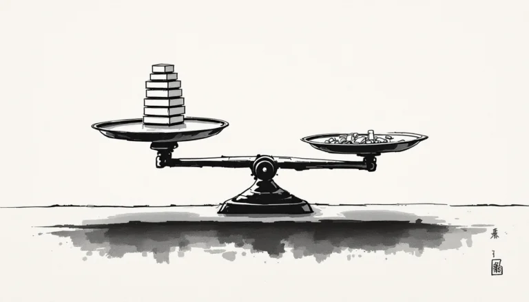 Sumi-e ink brush painting of a traditional balance scale weighing a stacked geometric tower against scattered geometric tools, on rice paper