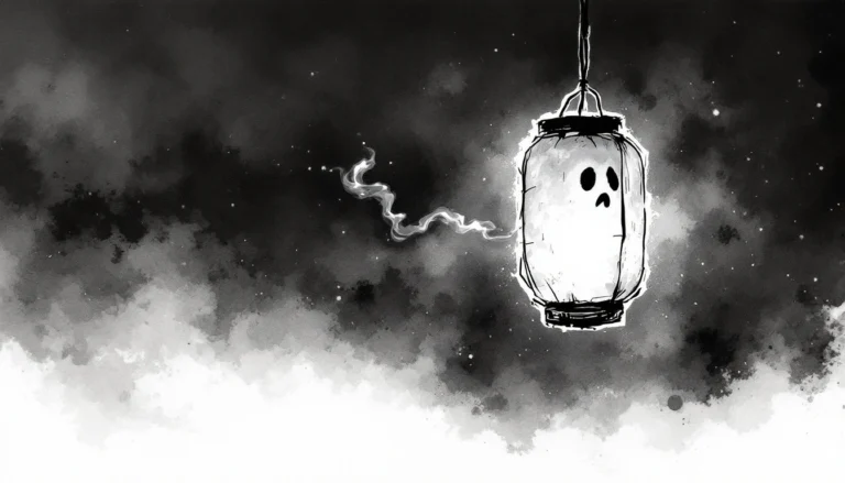Ink-painted paper lantern with vapour escaping the flame, sumi-e style