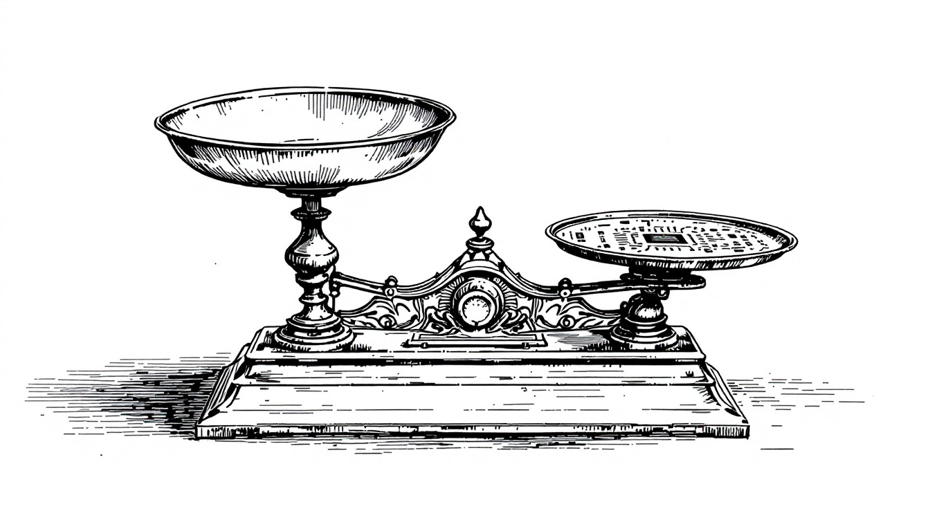iso 42001 illustrated as an antique brass weighing scale