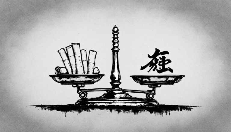 Brass balance scale weighing benchmark scrolls against an ink-brushed character: visual metaphor for evaluating LLM benchmarks against compliance obligations