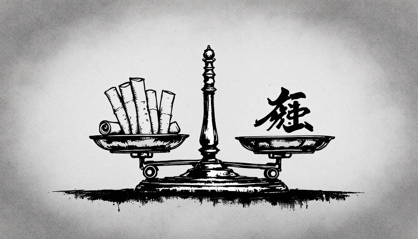 Brass balance scale weighing benchmark scrolls against an ink-brushed character: visual metaphor for evaluating LLM benchmarks against compliance obligations