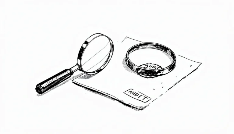 AI audit magnifying glass over a stamped compliance document