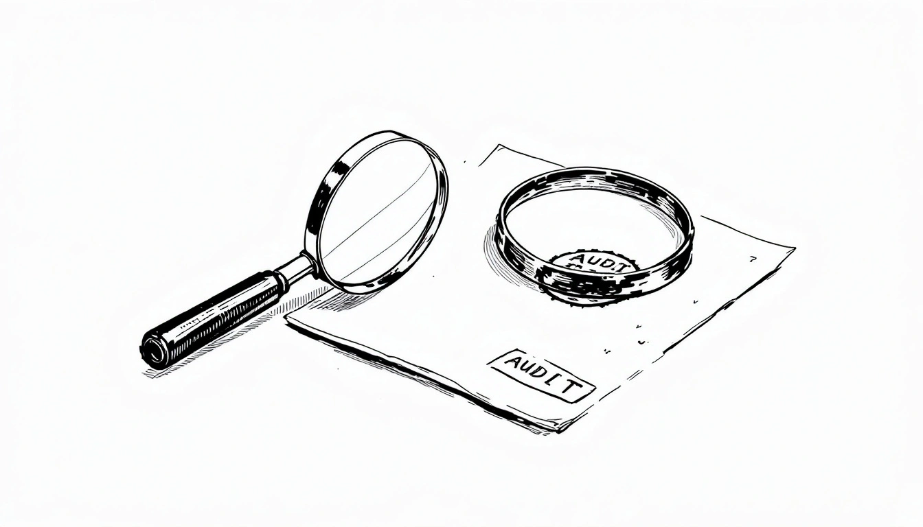 AI audit magnifying glass over a stamped compliance document