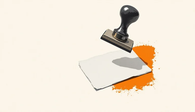 California AI Transparency Act: a brass stamp lifted above a sheet of paper carrying a faint embossed mark