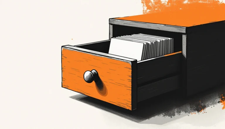AI inventory drawn as a wooden card-catalogue drawer with index cards, one per AI system