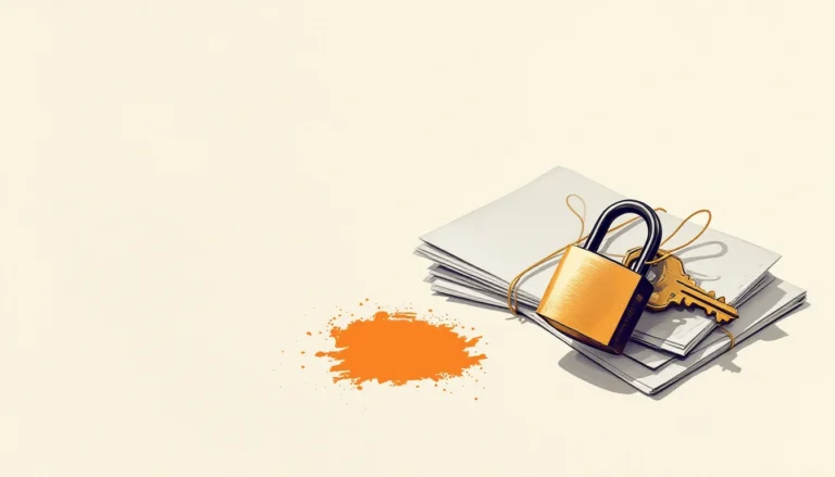 GDPR-compliant AI evidence file: a brass key resting on a stack of paper folders tied with string, a small open padlock beside it