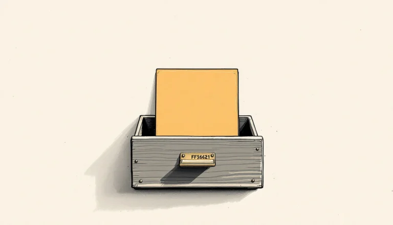 Model card illustrated by a single index card standing in a wooden card-catalogue drawer with a brass label holder