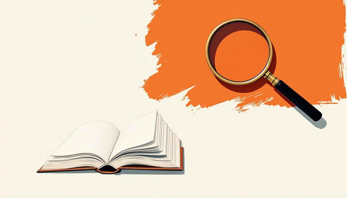 An open dictionary with a brass magnifying glass on a wooden desk, illustrating the ISO/IEC 22989 AI vocabulary