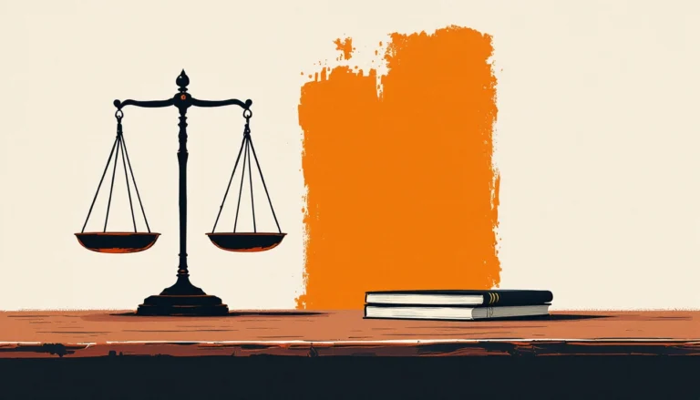 AI liability illustrated by a brass balance scale beside a stack of bound ledgers on a wooden desk