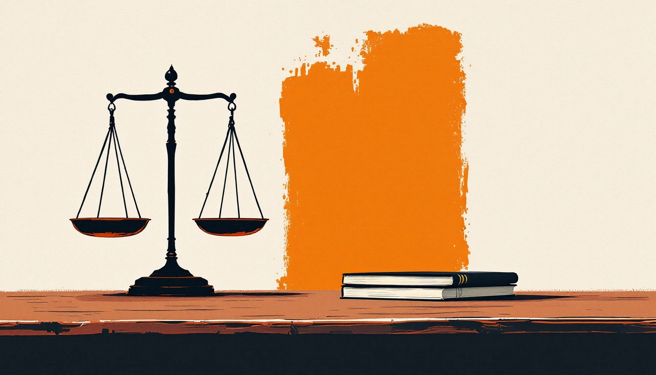 AI liability illustrated by a brass balance scale beside a stack of bound ledgers on a wooden desk